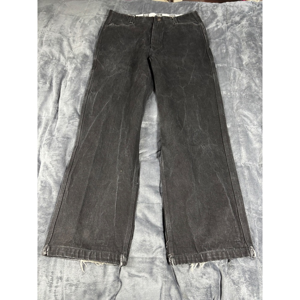 County FB Mens Black Wide Leg Denim Jeans Frayed Hem‎ 38x32 Streetwear Baggy
